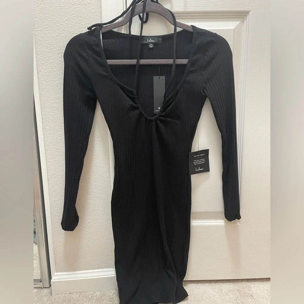 NWT Lulu Hug and Kiss Ribbed Knit Tie- Neck Long Sleeve Mini Dress - Picture 3 of 4
